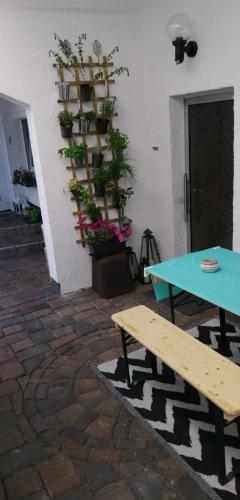 a table and bench next to a wall with potted plants at Ferienwohnung-Kiefer in Hillscheid