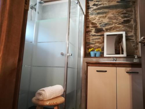 uma cabina de duche em vidro na casa de banho com um lavatório em Las Casitas de Requeixo em Requeixo