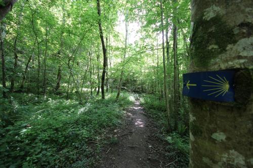 a blue sign on the side of a trail in the woods at Monyoya ,site exceptionnel au coeur des Pyrénées in Sarrance