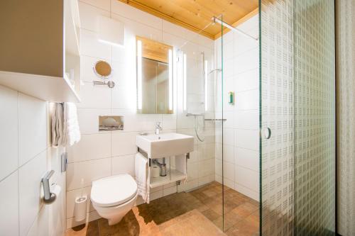 a bathroom with a toilet and a sink and a shower at Hotel Alpbach in Meiringen