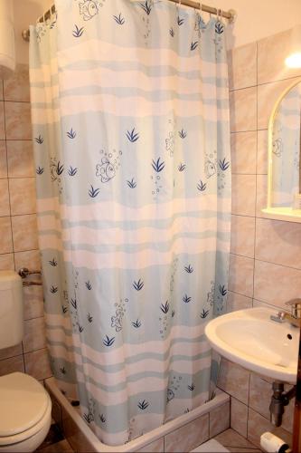 a bathroom with a shower curtain with a toilet and a sink at Apartments Marin in Bol
