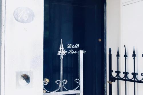 a blue door with a fence in front of it at B&B Au Lion D'or in Maastricht