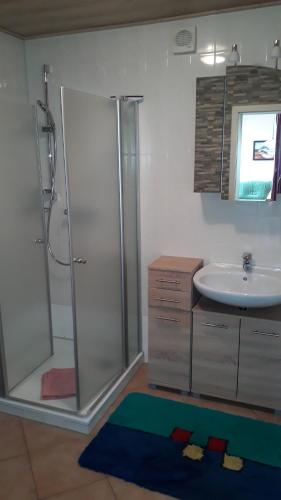 een badkamer met een douche en een wastafel bij Fewo Kasch in Binz