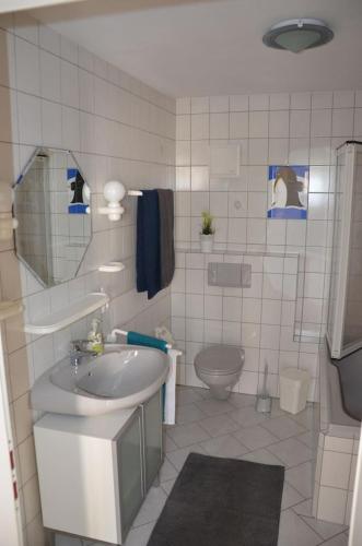a white bathroom with a sink and a toilet at Zwischen Weinstrasse und Pfälzer Wald in Bad Bergzabern