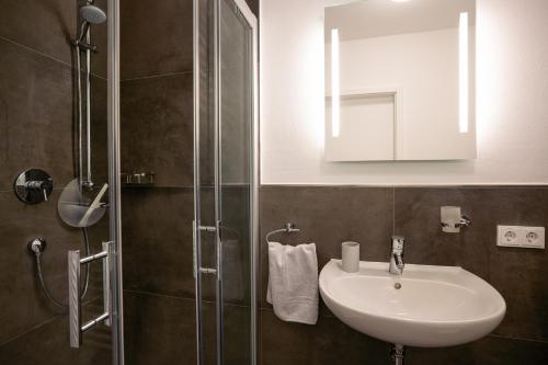 ein Bad mit einem Waschbecken und einer Glasdusche in der Unterkunft Appartement "Saphir" mit Penthouseflair - Oase am Haff in Garz