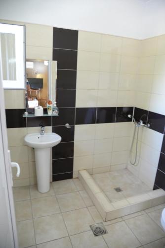 La salle de bains est pourvue d'une douche et d'un lavabo. dans l'établissement Apartmani Teodora, à Nov Dojran