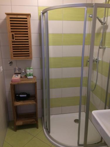 eine Dusche im Bad mit grünen und weißen Streifen in der Unterkunft Ferienwohnung Frieser in Steindorf am Ossiacher See