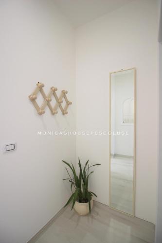 a mirror in a white room with a plant at Home Holiday Salento Monica's House Pescoluse in Marina di Pescoluse