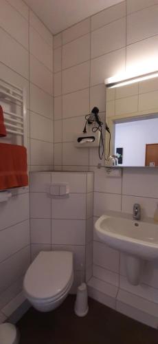 a white bathroom with a toilet and a sink at Landgasthof Zur scharfen Ecke in Hildesheim