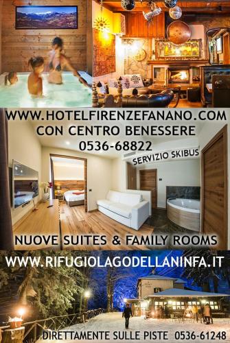a collage of two pictures of a room with a woman in a hot tub at Hotel Firenze in Fanano