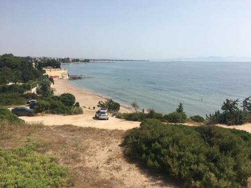 a car parked on a beach next to the ocean at Euphoria Blue studio apartments in Artemida