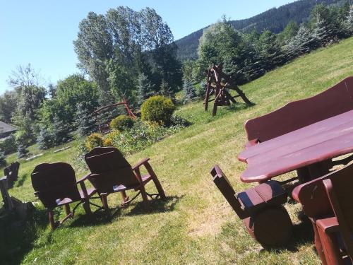 a bench and two chairs sitting on a field at Dwa Dęby in Lubawka