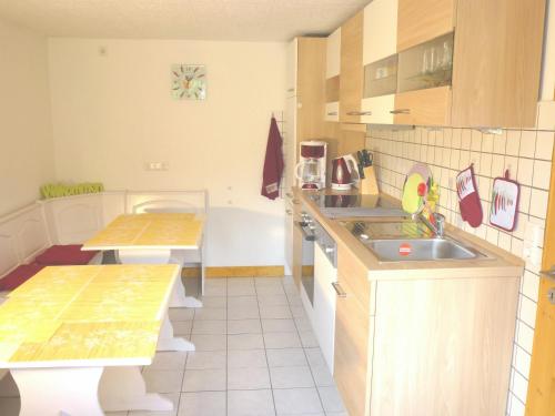 uma pequena cozinha com um lavatório e um balcão em Harzhaus Willkommen em Braunlage