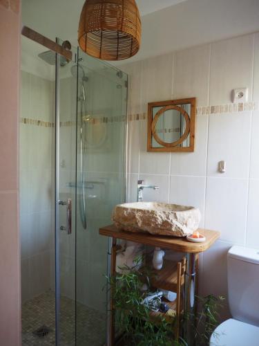 une salle de bain avec une douche en verre et un lavabo dans l'établissement Modestie, à Breil-sur-Roya