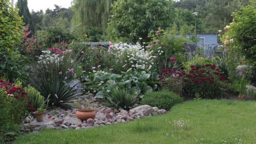 a garden with flowers and plants in a yard at Eden in Wisełka