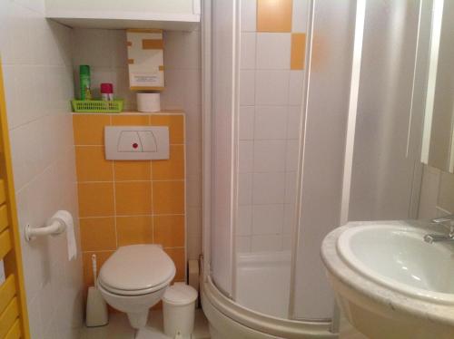 a bathroom with a shower and a toilet and a sink at Rustig, kindvriendelijk appartement in Ostend