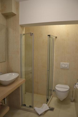 a bathroom with a shower and a toilet and a sink at Apartmani Art Karampana in Kotor