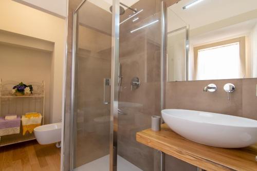La salle de bains est pourvue d'un lavabo et d'une douche. dans l'établissement CASA BICE, à Rio nellʼElba