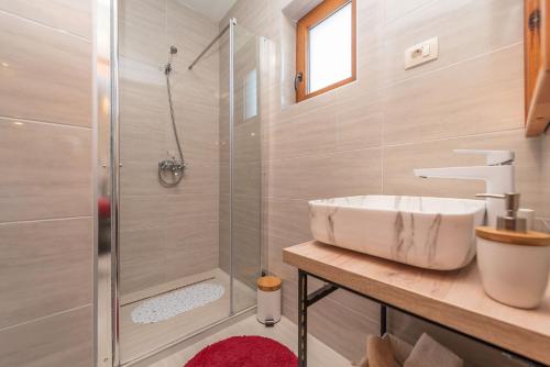 uma casa de banho com um lavatório e um chuveiro em Villa Aldonna em Bibinje