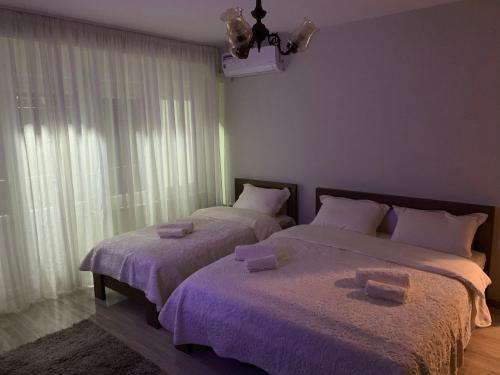 a bedroom with two beds with purple blankets and a window at Apartman Bedem in Nikšić