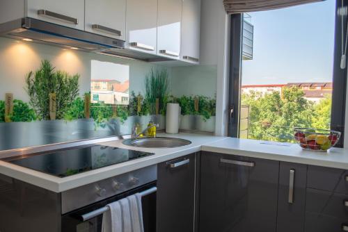 a kitchen with a sink and a large window at Apartments Steel Residence -Tesla Test Drive and 120 kW Supercharger in Timişoara