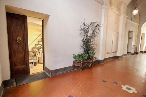 an empty hallway with a door and a potted plant at Rinidia - Siena Centro in Siena