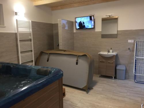 a bathroom with a tub and a sink and a tv at Alföldi Levendula Vendégház in Cserkeszőlő