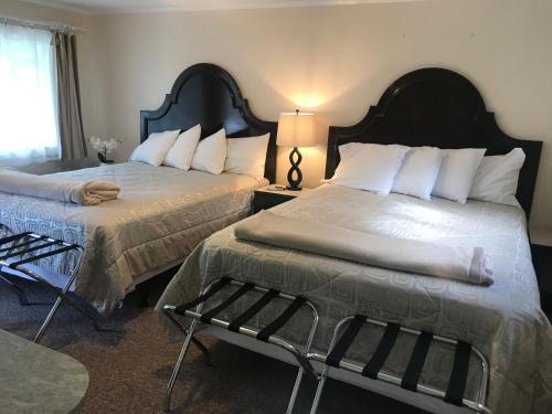 a hotel room with two beds and a lamp at Gallagher’s Travels Bar Harbor Motel and Cottages in Bar Harbor