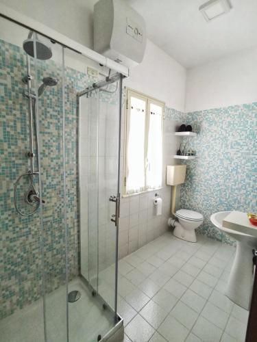a bathroom with a shower and a toilet and a sink at Alter Ego in Lascari