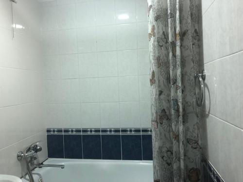 La salle de bains est pourvue d'une baignoire et d'un rideau de douche. dans l'établissement Здається квартира подобово, à Kamianets-Podilsky