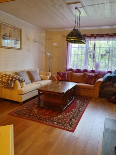 a living room with a couch and a coffee table at Valhalla bengtfors Private house in Bengtsfors