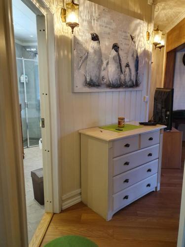 a room with a dresser with three penguins on the wall at Valhalla bengtfors Private house in Bengtsfors