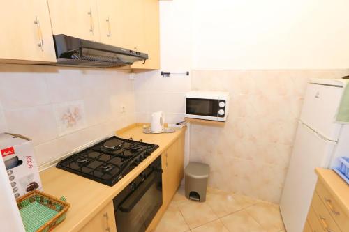 a small kitchen with a stove and a microwave at Apartments Delminium in Lun