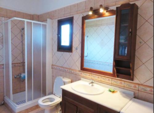 a bathroom with a sink and a toilet and a mirror at Traditional apartment with view in Douliana Vamos in Douliana
