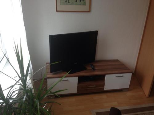 a flat screen tv sitting on top of a wooden entertainment center at Süd-Apartments in Leipzig