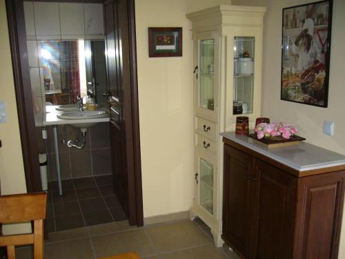 a bathroom with a sink and a counter with a sink at Ktima Nafsika - First-floor luxury apartment in majestic estate in Rozaíika