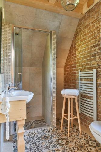 a bathroom with a sink and a shower and a stool at Gorce Oasis in Szlembark