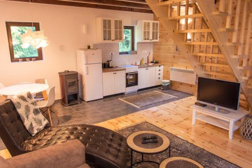 ein Wohnzimmer mit einem Sofa und einem TV sowie eine Küche in der Unterkunft Wood Inn in Žabljak