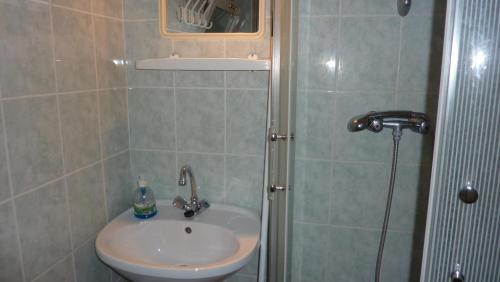 un baño con lavabo y ducha en Bridgehaus, en Balatonfüred