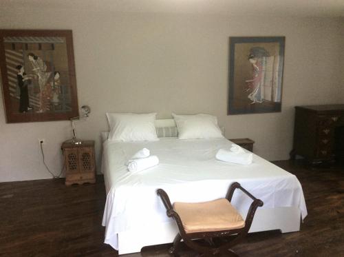 a bedroom with a large white bed with a chair at Cozy Mezzanine at Halandri in Athens