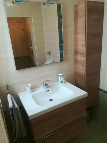 łazienka z białą umywalką i lustrem w obiekcie Apartma Zalka w mieście Izola