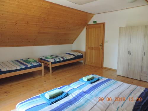 1 dormitorio con 2 camas y techo de madera en Guest House Nanos, en Vipava