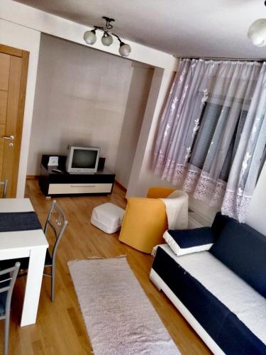 a living room with a couch and a tv at Apatman Sergej in Soko Banja