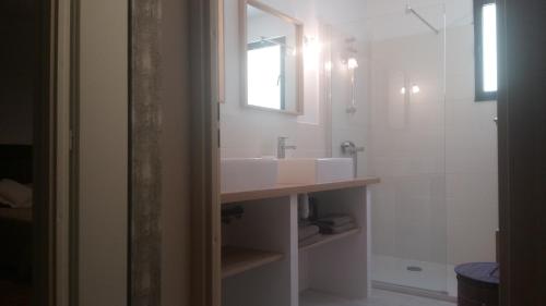 une salle de bain blanche avec un lavabo et une douche dans l'établissement VILLA GABRIEL, villa entière en pleine nature, wifi, à Buis-les-Baronnies