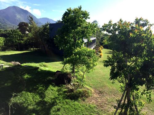 a yard with two trees in front of a house at Stone Party in Donghe