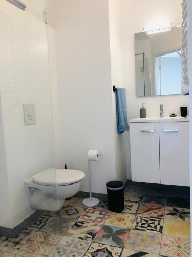 a bathroom with a toilet and a sink and a mirror at Le Domaine des Prés in Lachambre