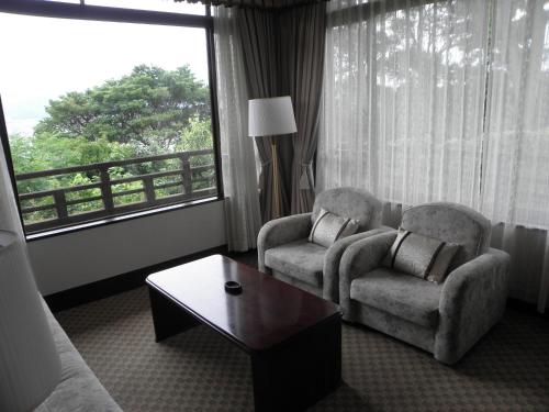 a living room with two chairs and a table and a window at Gamagori Classic Hotel in Gamagori
