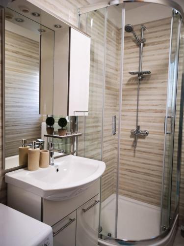 a bathroom with a sink and a shower at Holiday Home Višnja in Nin