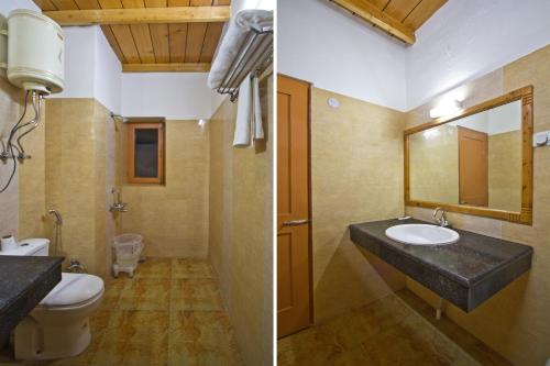 two pictures of a bathroom with a sink and a toilet at Hotel Hayer Regency in Manāli