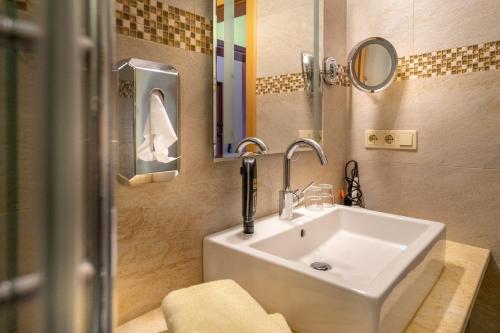 a bathroom with a sink and a mirror at Goldener Pfropfenzieher in Oberwesel